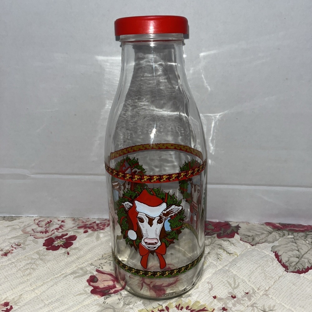 Vintage Holiday Christmas Cow Glass Milk Bottle Carafe Pitcher France